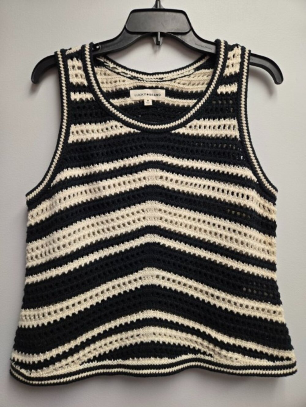 Lucky Brand Women's M Crochet Tank Top Striped Boho Knit Black Beige Sleeveless